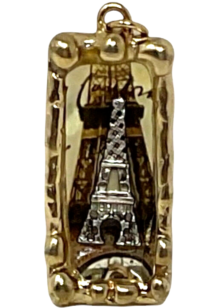 Rectangular Paris Eiffel Tower Charm Pendant Gold Tone Hammered Metal & Resin