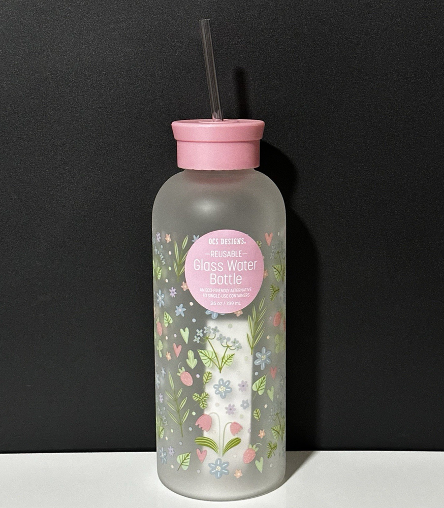 New OCS DESIGNS Pink Reusable 25 oz Glass Water Bottle with Flowers
