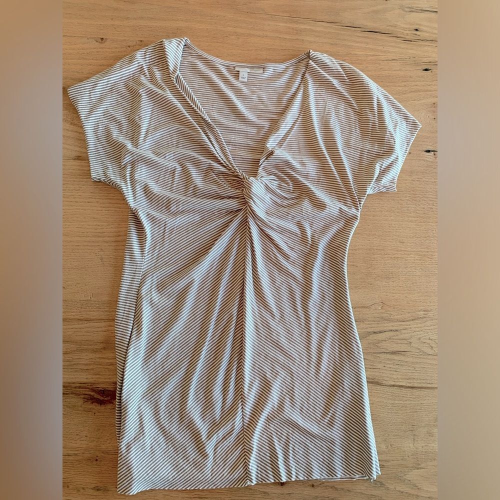 Halogen Stripe Knit Tee Short Sleeve Twisted V Neck Taupe White Women's M Pre