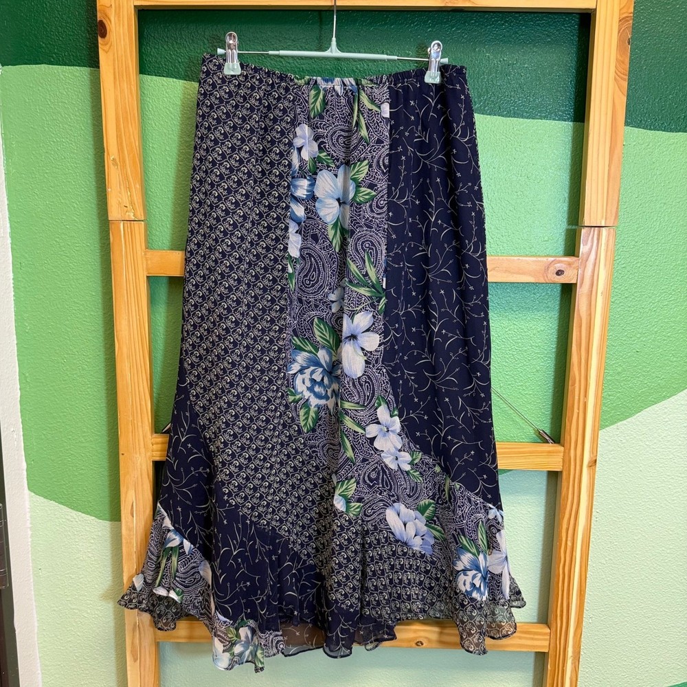 Robbie Bee Women's Maxi Skirt Floral Patchwork Blue Silk Size 12 Elastic