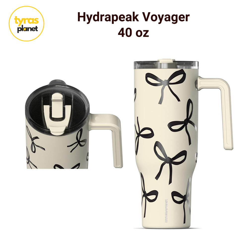 Hydrapeak Voyager 40 oz Tumbler Black Bows Handle & Straw, Leakproof NEW
