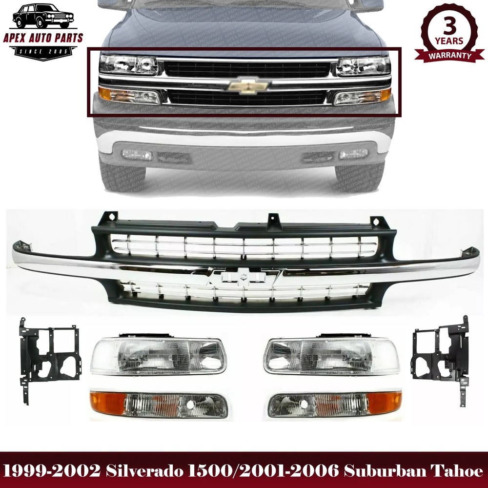 Grille Assembly + Lights +Brackets For 99-02 Silverado 1500/01-06 Suburban Tahoe