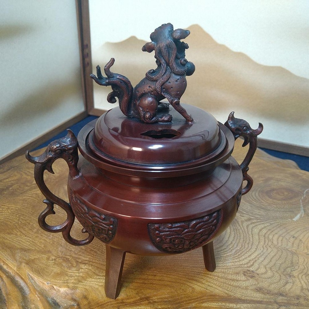 Bronze Incense Burner 7 inch Shishi Lion Japanese Censer Sculpture with Box