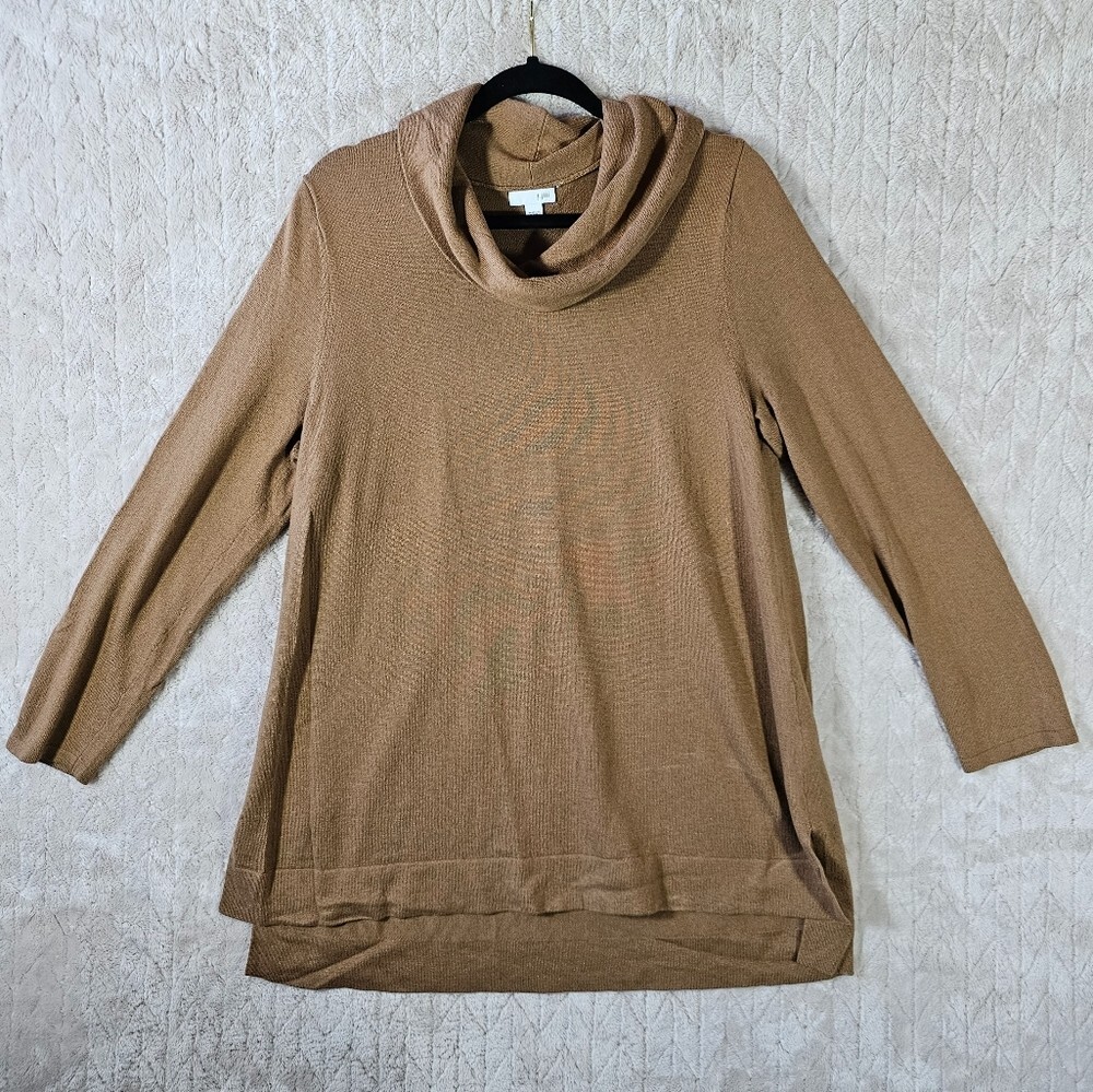 J Jill Cowl Neck Sweater Womens L Camel Brown Lightweight Cotton Minimalist