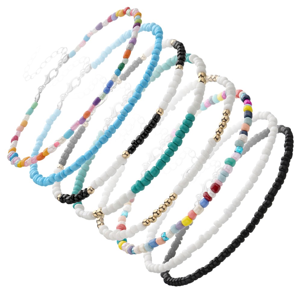 8-Piece Colorful Beaded Anklet Set for Beach Style