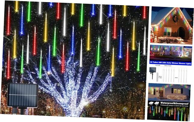 Solar Meteor Shower Rain Lights, 11.8 inches 20 Tubes 480 LED Multicolor