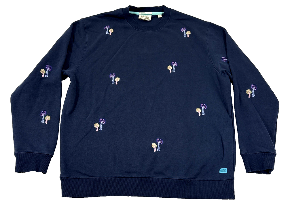 Scotch & Soda Womens Navy Embroidered Mushroom AOP Sweatshirt XXL EUC Pullover
