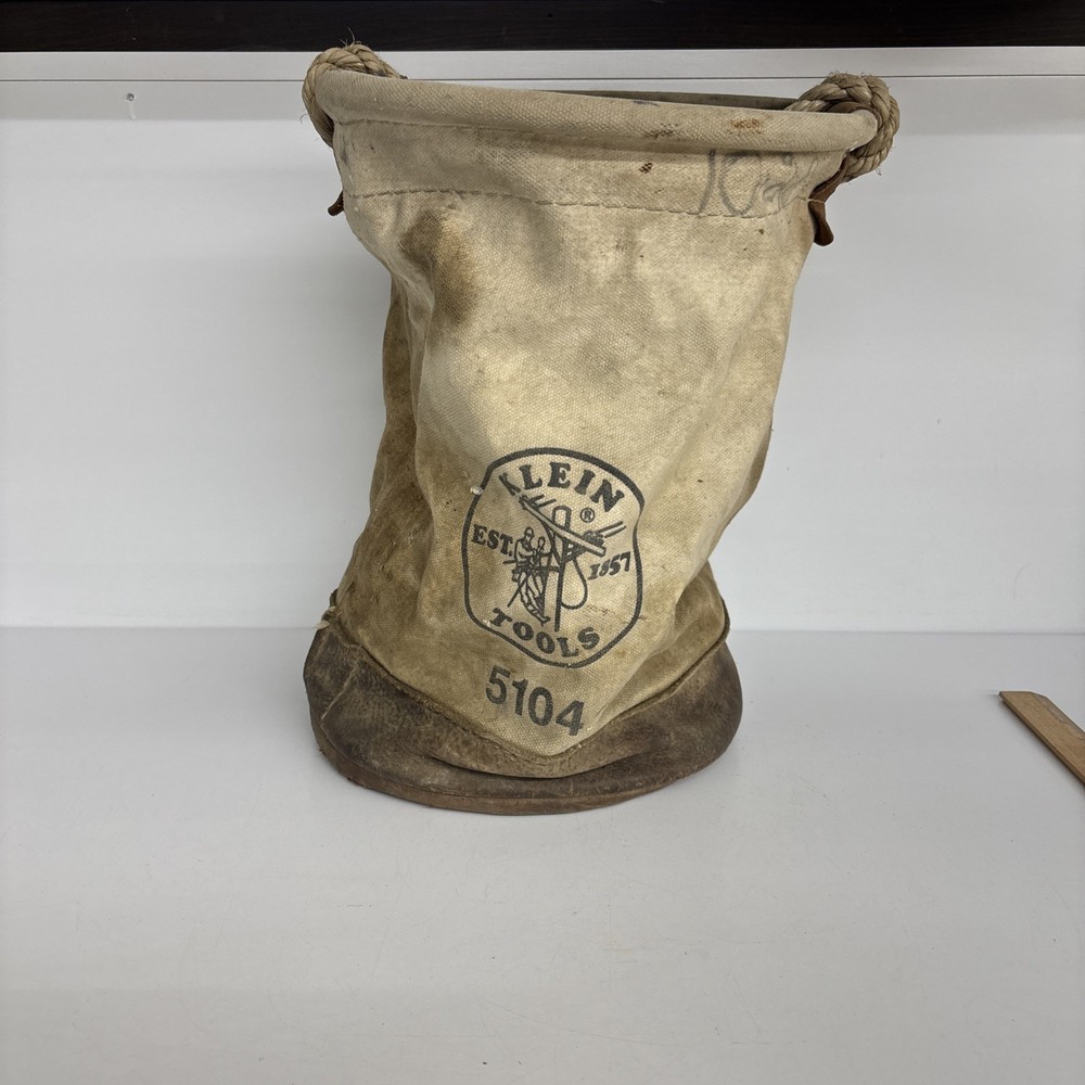 Vintage Klein Tools 5104 Canvas Leather Bucket 15” Lineman Tool Bag Rope Handle