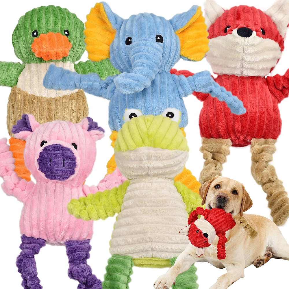 5 Pack Tough Dog Toys Stuffed Squeaky Dog Toys Assortment Plush Animal Dog Toy V