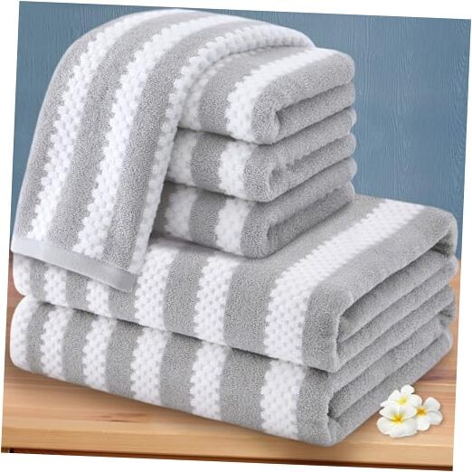 Gray and White Stripe Waffle Towel Set - 4 Hand & 2 Bath Towels, 16x27 Inches, 6-Piece