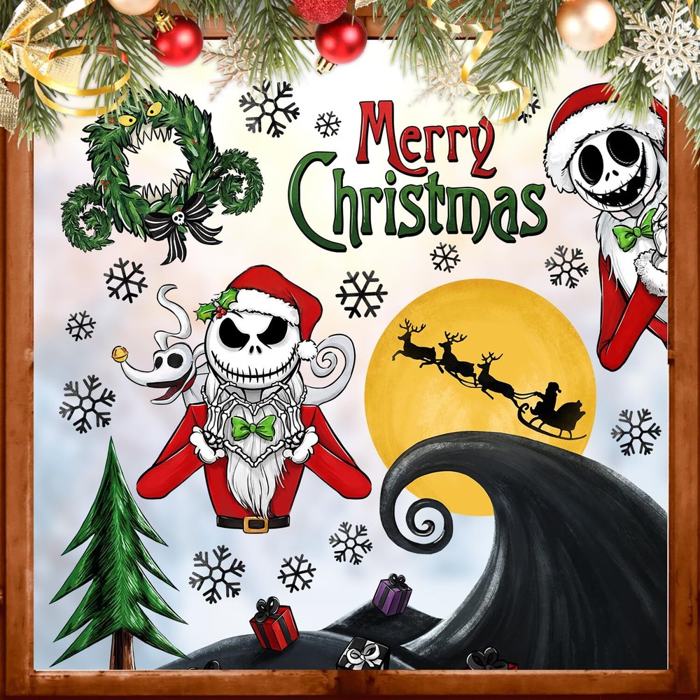 Yovkky 158 PCS Merry Christmas Nigh.tmar.e BEF.ore Christmas Window Clings, J...