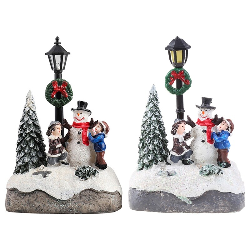 Christmas Village Scene Xmas Tree Snowman Resin Ornament with LED Light Statue