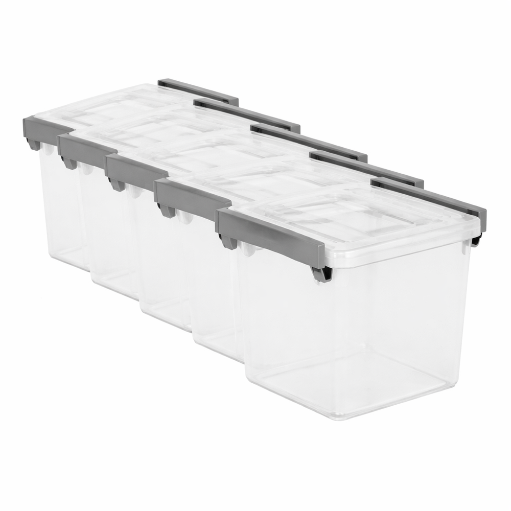 Clear Plastic Storage Bins 2.5 Qt Latching Modular 5 Pack Write-On ID Gray