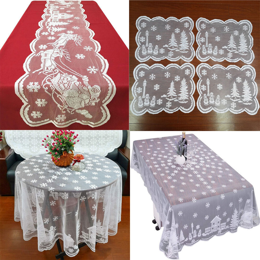 Christmas White Vintage Lace Tablecloth Dining Table Runner Mat Xmas Party Decor