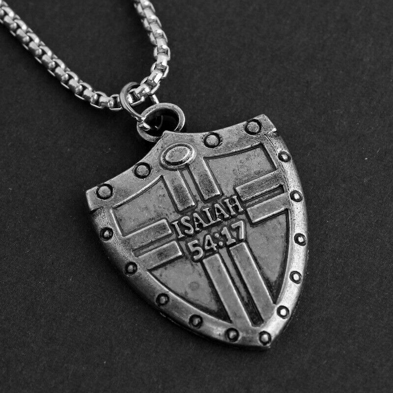 Cross Shield Necklace Men Bible Verse Isaiah Christian Amulet Pendant Chain 24