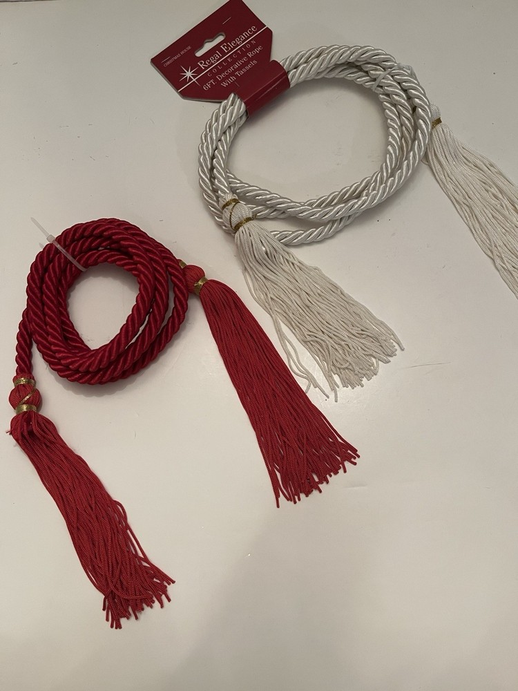 Vintage,New, “Christmas House” 6 Ft Each Red & White Decorative Rope With Tassel