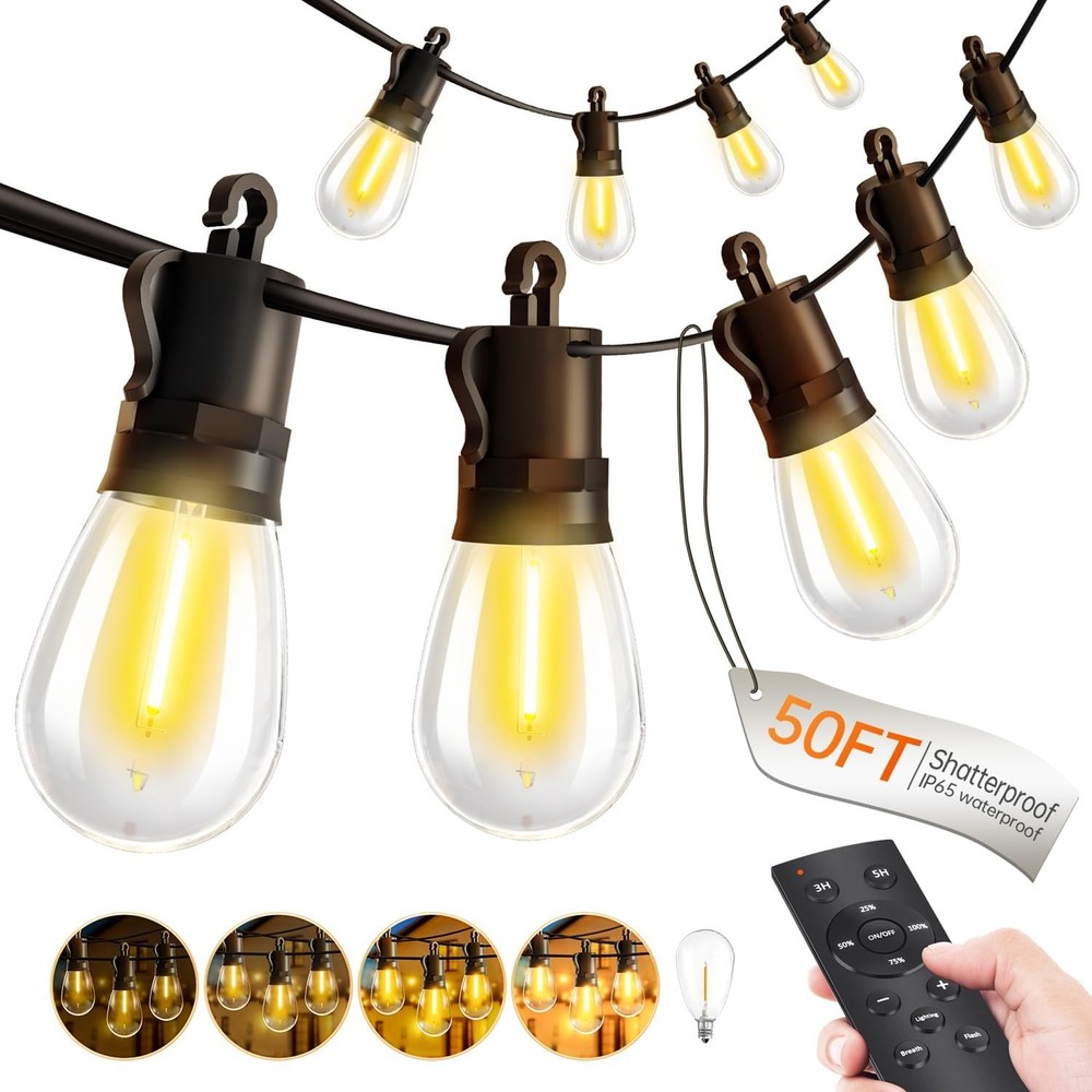 Outdoor-String-Lights-Patio-LED-Light-Outside 50Ft 15M 50FT-Remote, Black