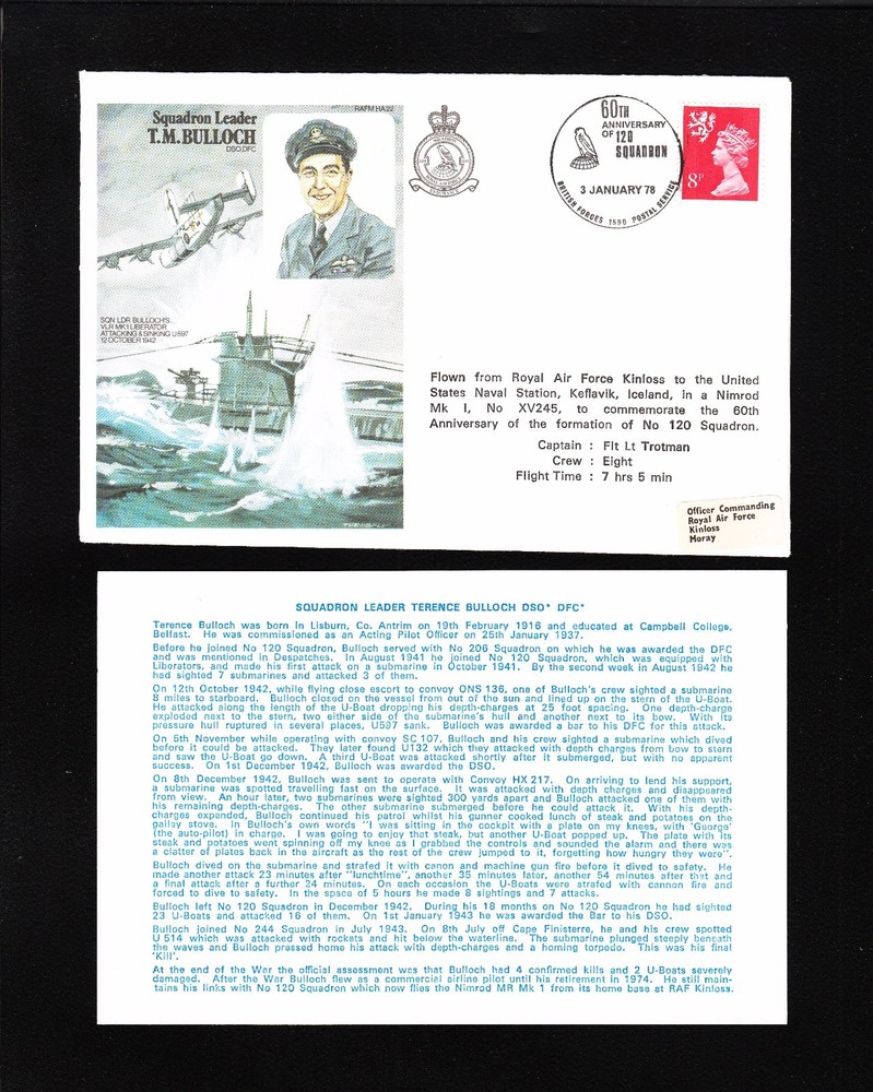 Great Britain Flown Cover WWII RAF TM Bulloch Sinks U597 1978 & Insert   (