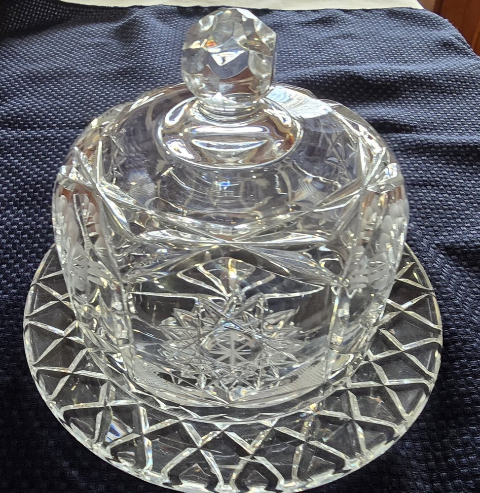 Elegant Cut Glass Crystal Round Starburst Cheese Dish 6.5 x 5 Inches 2-Piece Set