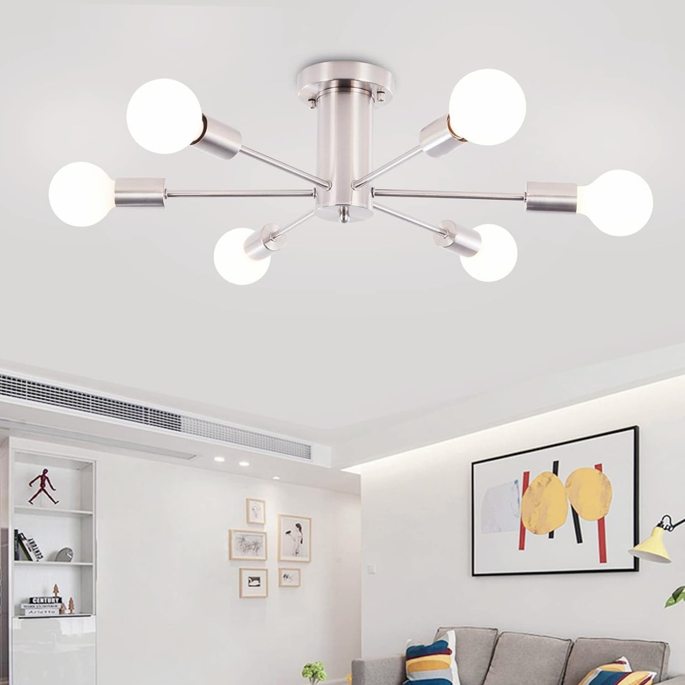 Kitchen Lighting Fixtures Ceiling, 6 Lights Nickel Mid-Century Sputnik Chandelie