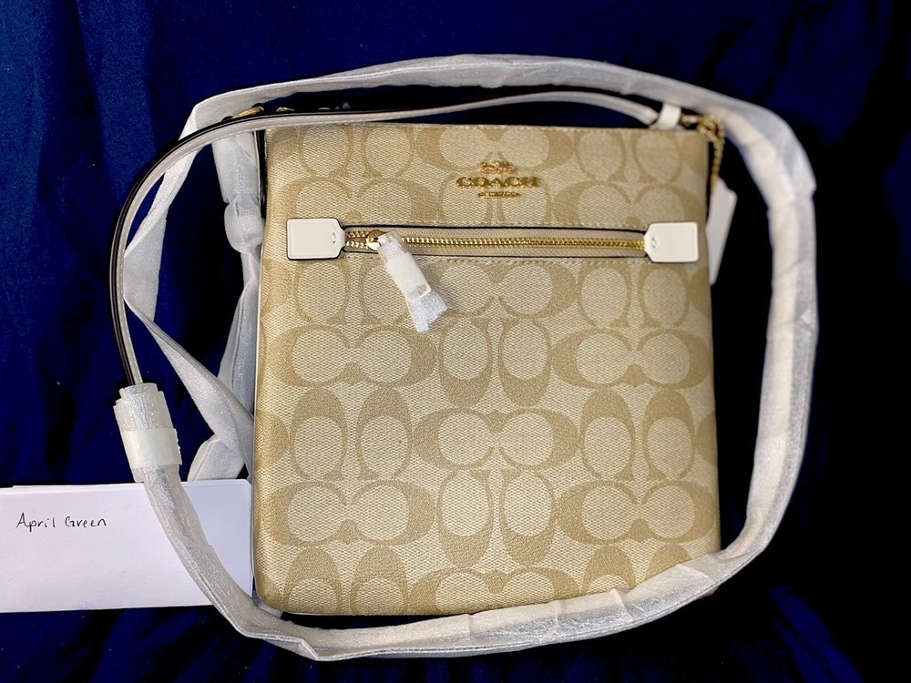 COACH Signature Mini Rowan File Bag in Khaki & Light Coral CF340