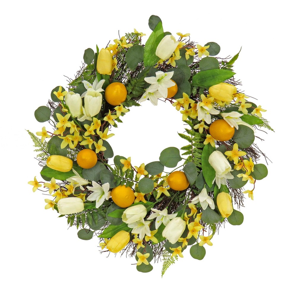 22 in. Spring Wreath with Yellow Tulip Blooms, Lemons, and Forsythia Flower Blos