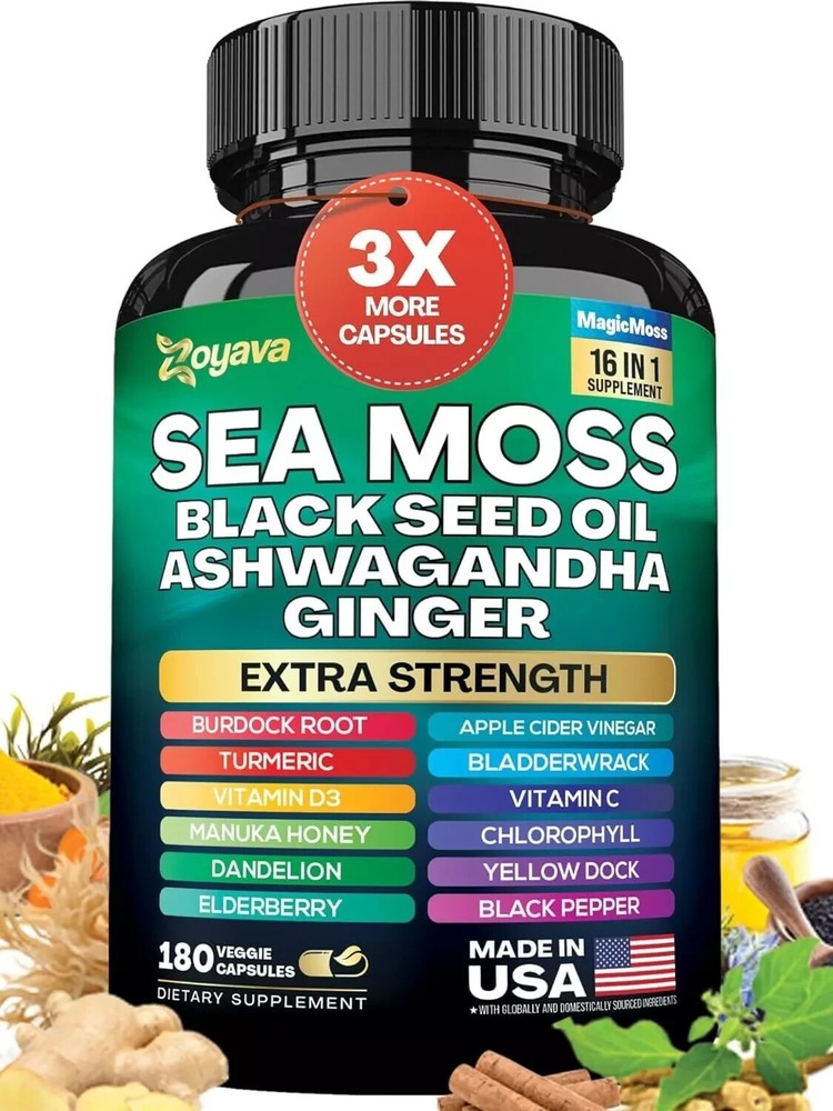 Sea Moss Blend with Black Seed Oil Turmeric Ashwagandha Ginger 180 Caps