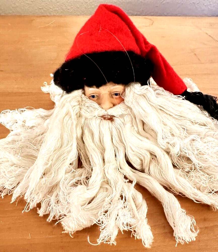 Vintage Department 56 Ceramic Bisque Santa Head with Red Velvet Hat and Rope Beard for Holiday Décor