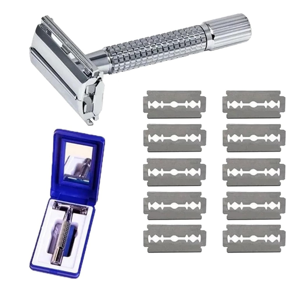 Unisex Double Edge Safety Razor with 10 Platinum Coated Stainless Steel Blades-image