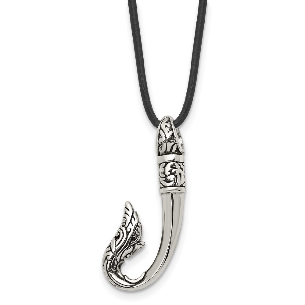 Stainless Steel Antiqued & Polished Hook Pendant Black Leather Cord Necklace 20