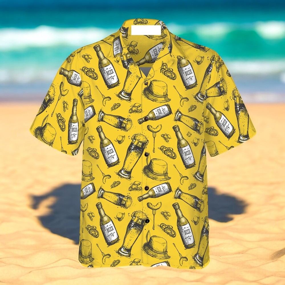 Beer Bottle Print Hawaiian Shirt for Men US Size Summer Style Casual Aloha Shirt NEW Design