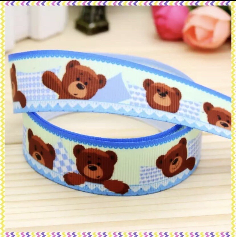 3 Yards Soft Blue Teddy Bear Grosgrain Ribbon 7/8 Inch Wide  