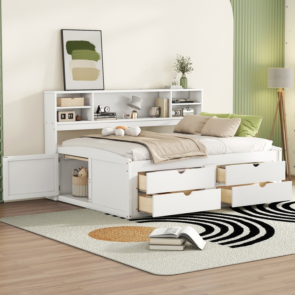 Full Size White Wood Daybed with Slatted Frame 2 Cabinets 4 Drawers Side Shelves-image