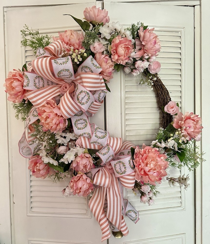 Pink Summer Peony Grapevine Farmhouse Front Door Wreath