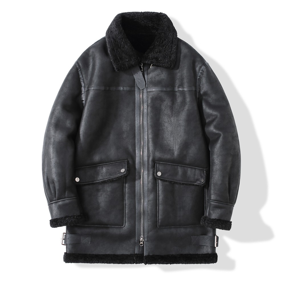 Mens Zip Faux Leather Fleece Lined Motorcycle Mid Long Coat Outwear Plus Size sz