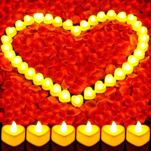 Romantic Red Rose Petals and Candles Set - 3000 Pcs for Decor  