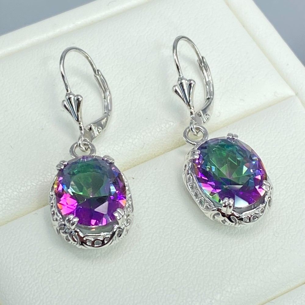 Natural Mystic Topaz Earrings, Silver Edwardian Filigree (Custom-Made) E70