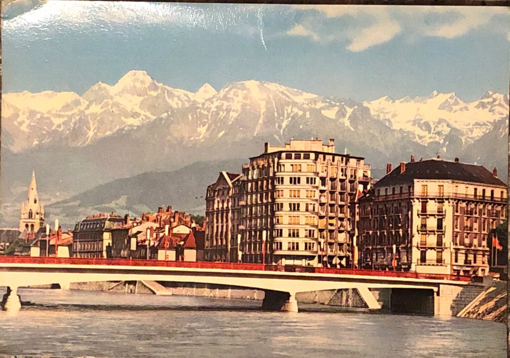 Grenoble Pont de la Porte de France Postcard Mountains Water Posted VTG 1960s
