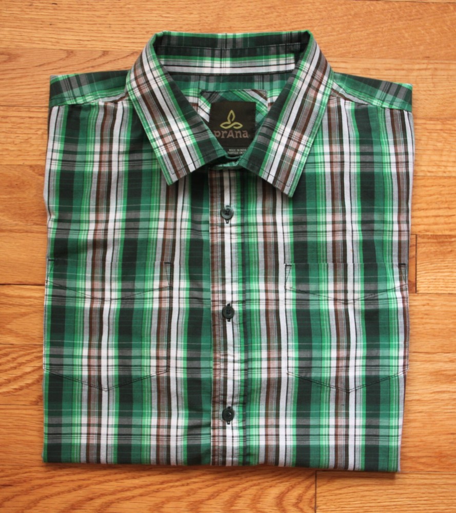 PRANA Men’s Green Plaid Short Sleeve Camp Shirt Size Large