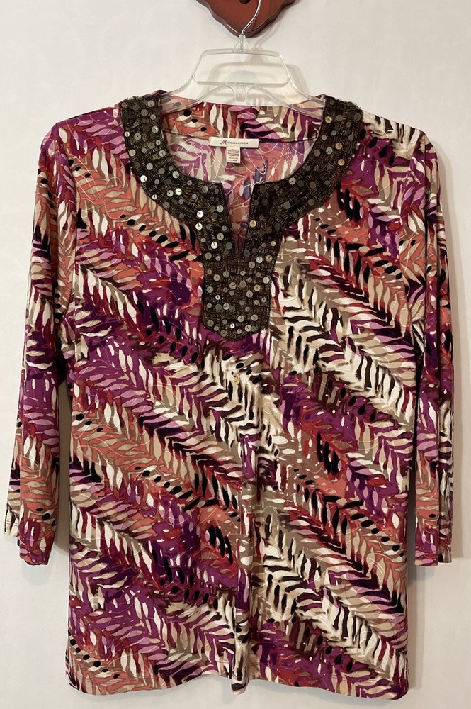 JM Collection Womens Large Vneck Sequined Tunic-Style Colorful Blouse! A6742
