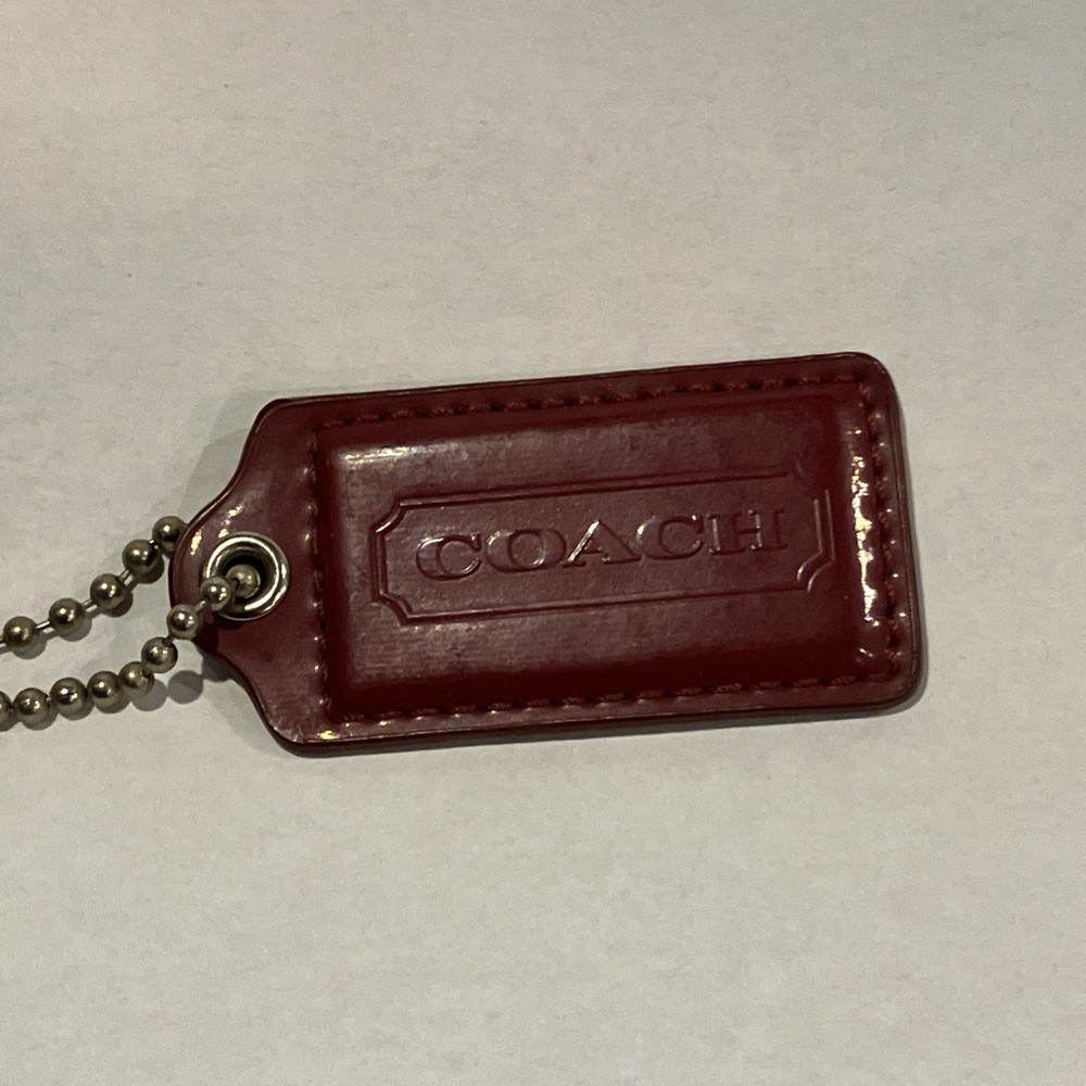 Coach Dark Red Leather Hang Tag Charm with Silver Ball Chain Keychain