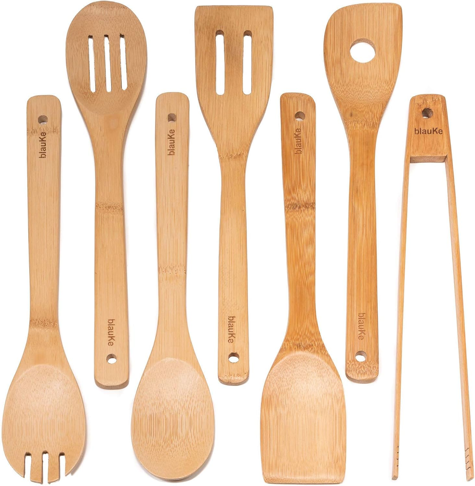 Wooden Spoons for Cooking 7-Pack – Bamboo Kitchen Utensils Set for Nonstick Cook
