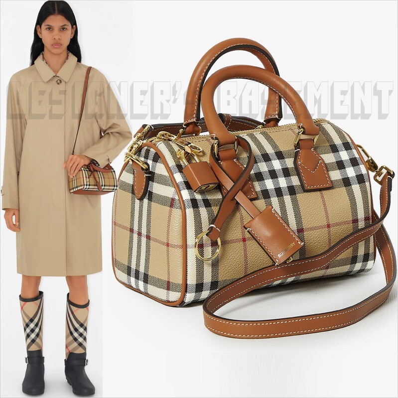 BURBERRY Briar brown Leather & Vintage Check Mini BOWLING convertible bag NWT