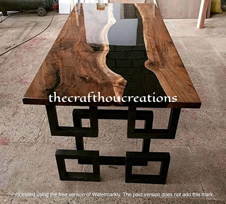 Handcrafted Black Epoxy Wooden Coffee Table Top with Christmas Décor