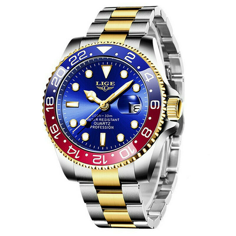 LIGE Mens Luminous Steel Business Quartz Watch with Date Display