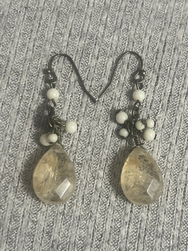 Bohemian-Inspired Pear-Shaped Faceted Citrine Dangle Earrings with Elegant White Bead Accents