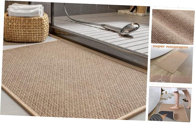 Non-Slip Braided Bath Mats with Rubber Backing, Super Absorbent Beige Bathroom Rugs 17x24 Inch Size for Safety and Comfort