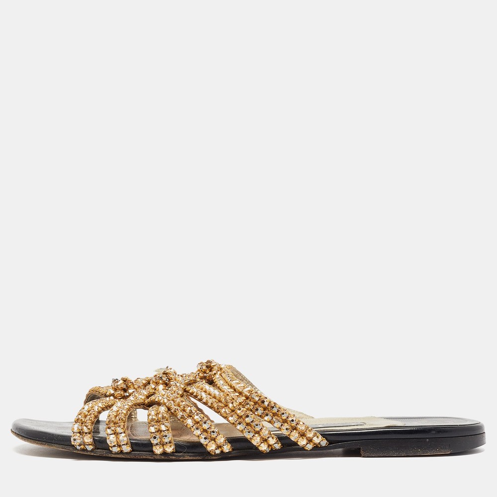 Gina Gold Crystal Embellished Leather Flat Slides Women Size 36