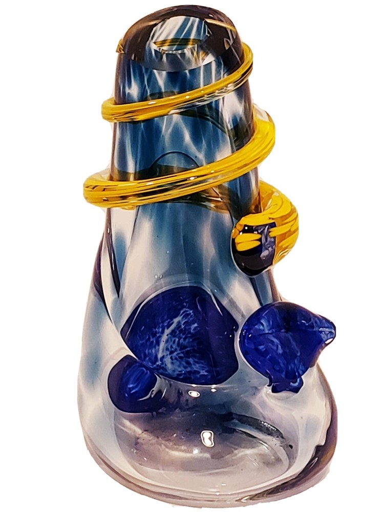 Thick heavy art glass vase in funky yellow and blue swirls