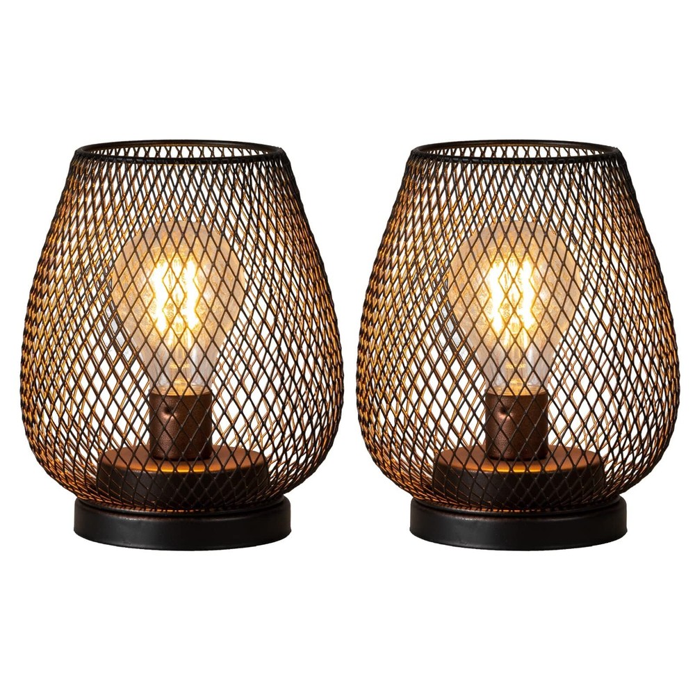 DECORKEY Set of 2 Battery Operated Lamp LED Table Lantern, Brown Metal Cage C...